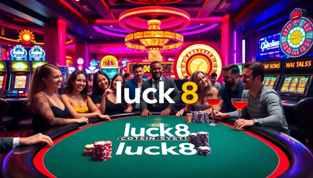 Players enjoy a thrilling game at the luck8 casino with vibrant tables and colorful slot machines.
