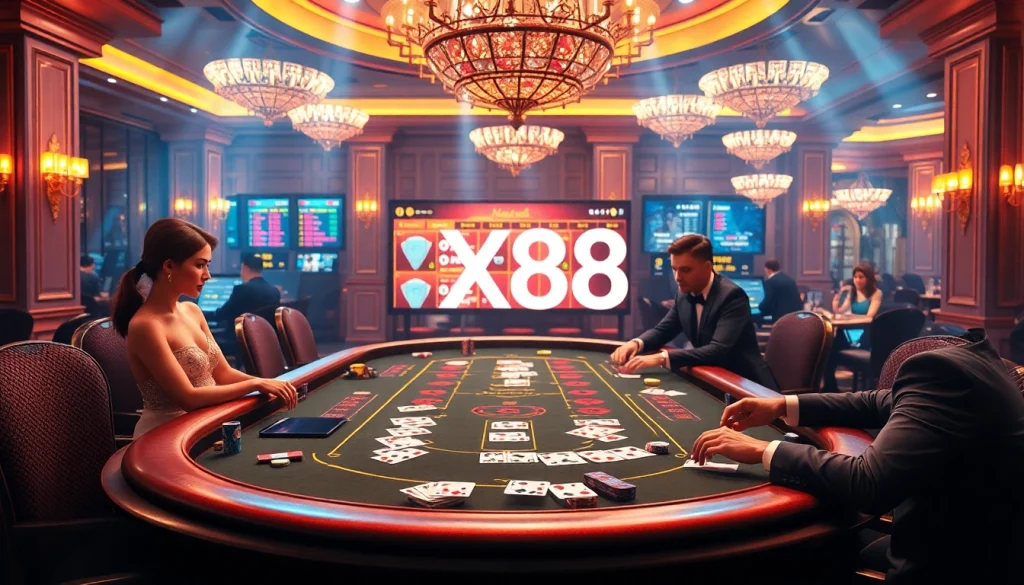 Gambling enthusiasts engage at the Baccarat table at XX88, showcasing luxury and excitement.