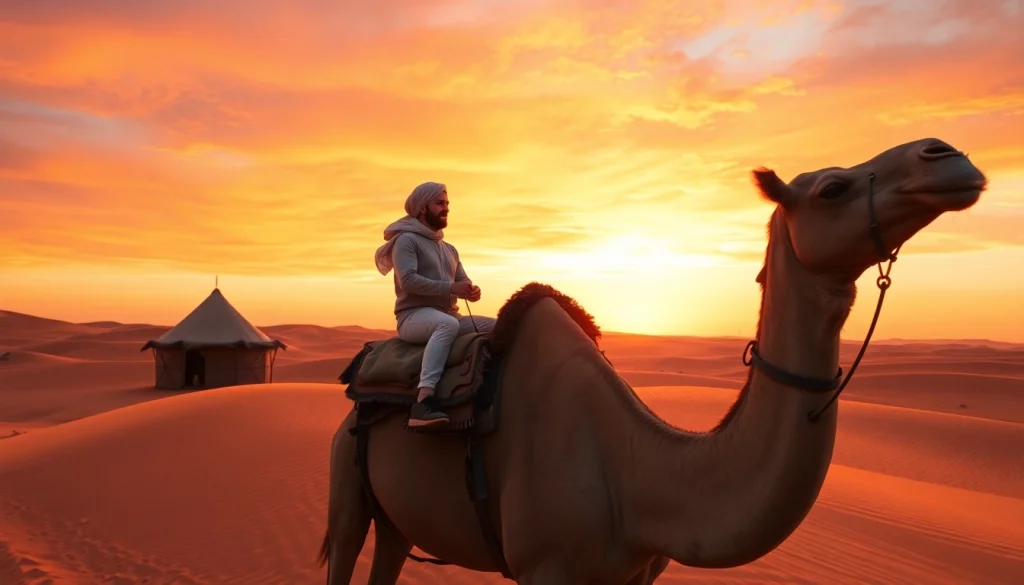 Camel ride Marrakech at sunset, showcasing an adventure through Agafay Desert with scenic dunes and local culture.