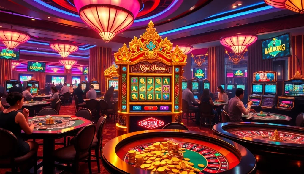 Experience the excitement of RAJABARONG-inspired slot machines with vibrant casino elements.