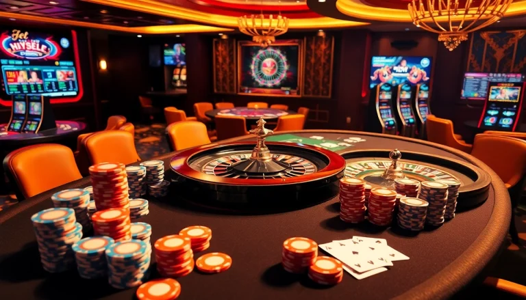 Engage with the thrilling atmosphere of rikvip at a high-stakes poker table, featuring vibrant casino elements.