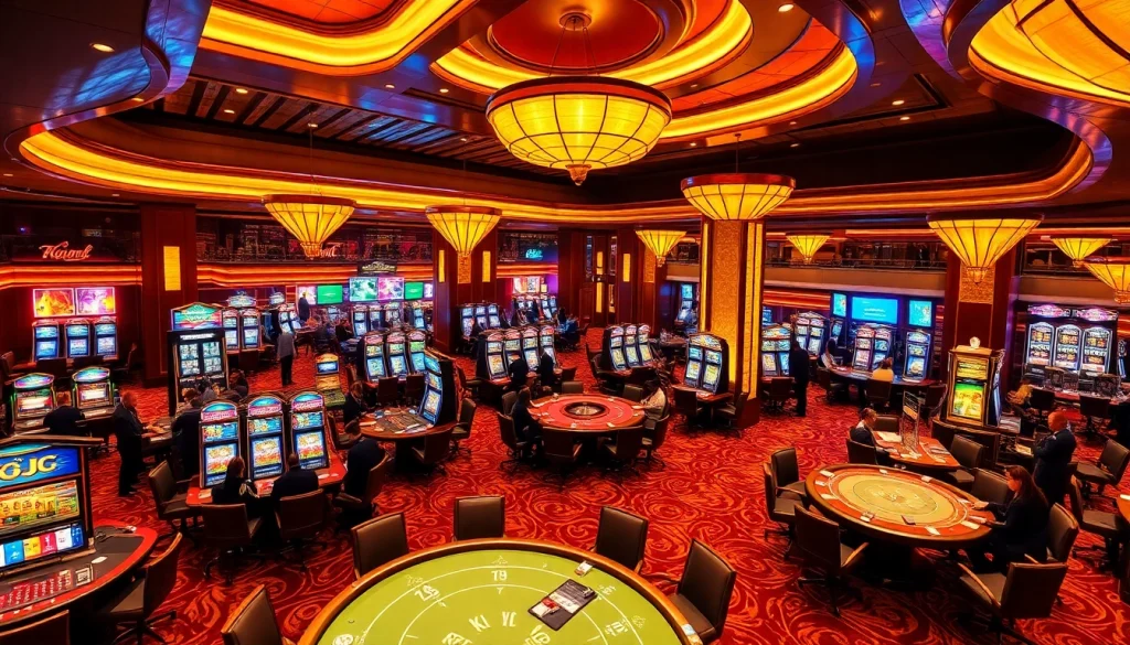 KJC casino scene showcasing players at poker and roulette tables, emphasizing luxury and excitement.