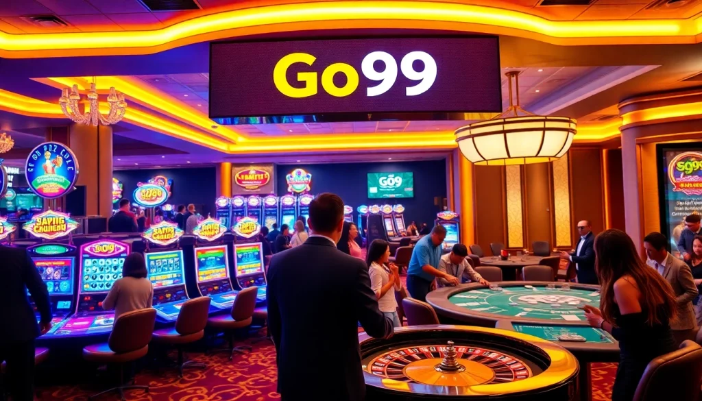 Experience the thrill of Go99 with vibrant slot machines and live dealer action in an upscale casino.