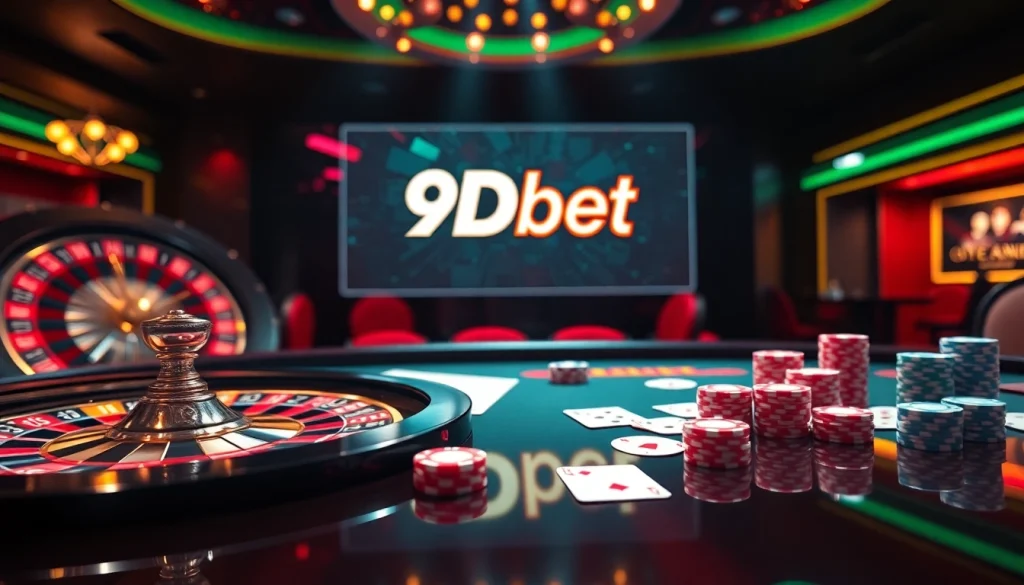 Engaging scene of online gambling with 9Dbet logo featured on a roulette wheel and poker chips.