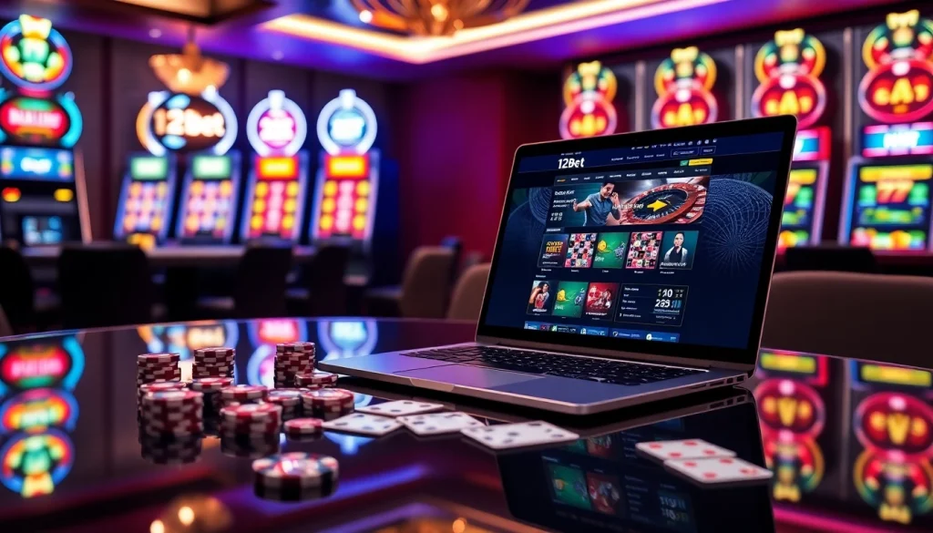 Engage in thrilling games at 12bet casino with poker chips and screens showcasing betting action.