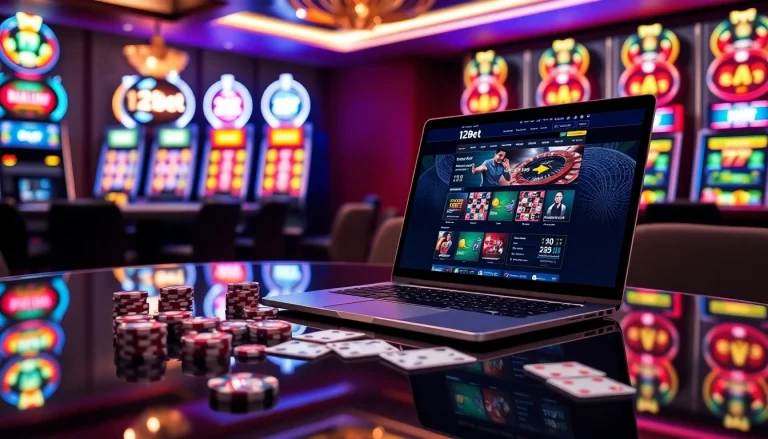 Engage in thrilling games at 12bet casino with poker chips and screens showcasing betting action.