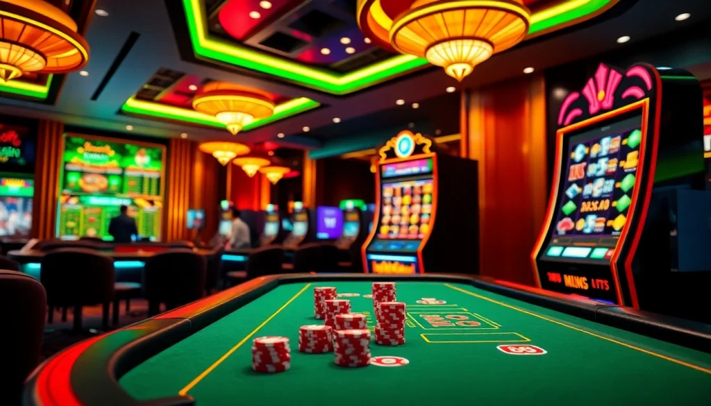 Experience high-stakes excitement with the app xin88 in a vibrant online casino setup featuring poker chips and slot machines.