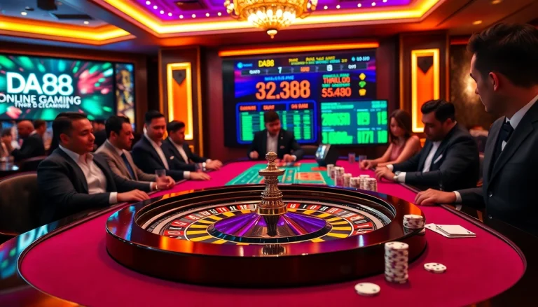 Players enjoying a thrilling game at https://da88.co.im/, surrounded by vibrant poker chips and dazzling casino elements.