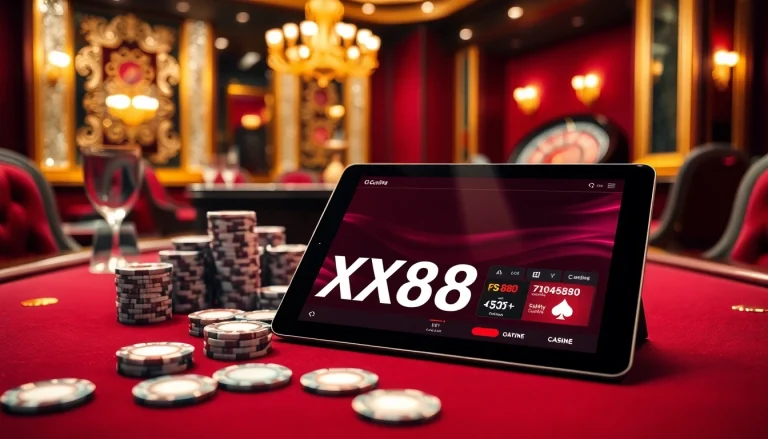Engage with the exciting gambling scene at XX88 featuring a luxurious poker table and dynamic casino elements.