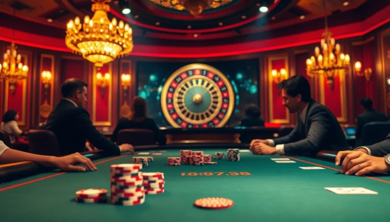 Players enjoying an exhilarating game at Fun88's luxurious casino table, showcasing poker chips and cards.