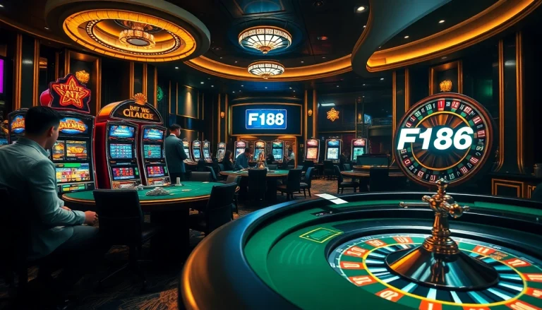Experience the thrill of F168 with an exciting casino scene featuring poker, slots, and roulette.