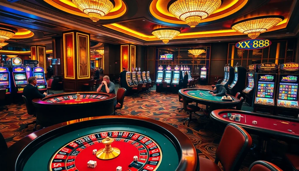 Experience the excitement of XX88 in a luxurious casino setting with poker tables and roulette wheels.