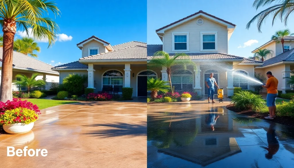 Soft wash in Kissimmee, showcasing sparkling clean siding and driveway with pressure washing equipment.