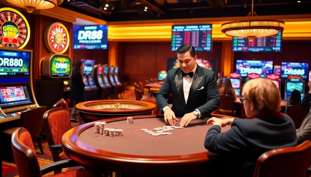 Players enjoying a thrilling game experience at DR88 casino tables sparkling with excitement.