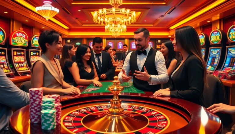 Gambling excitement at a casino table featuring okfun poker chips and engaging players