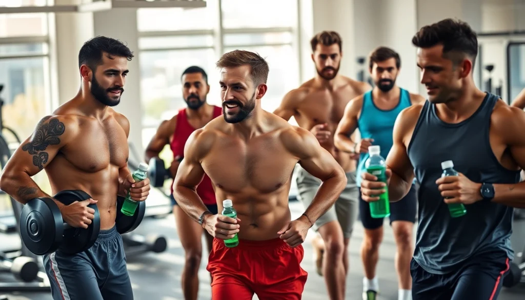 PuraBoost empowering men in a vibrant gym, showcasing vitality and confidence through fitness.