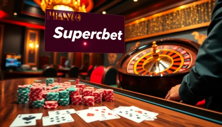 Engage in thrilling casino action at Superbet with poker chips, cards, and a roulette wheel.