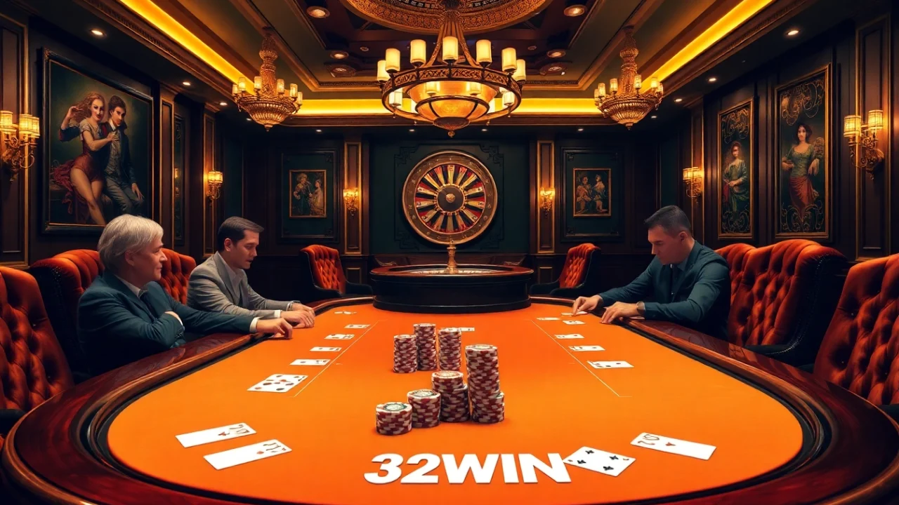 Players engaging in an intense poker game at 32WIN's luxurious casino interior, showcasing excitement and professionalism.