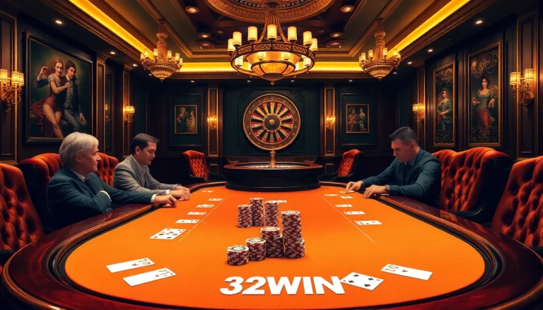 Players engaging in an intense poker game at 32WIN's luxurious casino interior, showcasing excitement and professionalism.