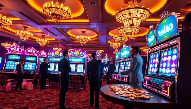 Players enjoying the thrilling toto slot machines in an upscale casino setting