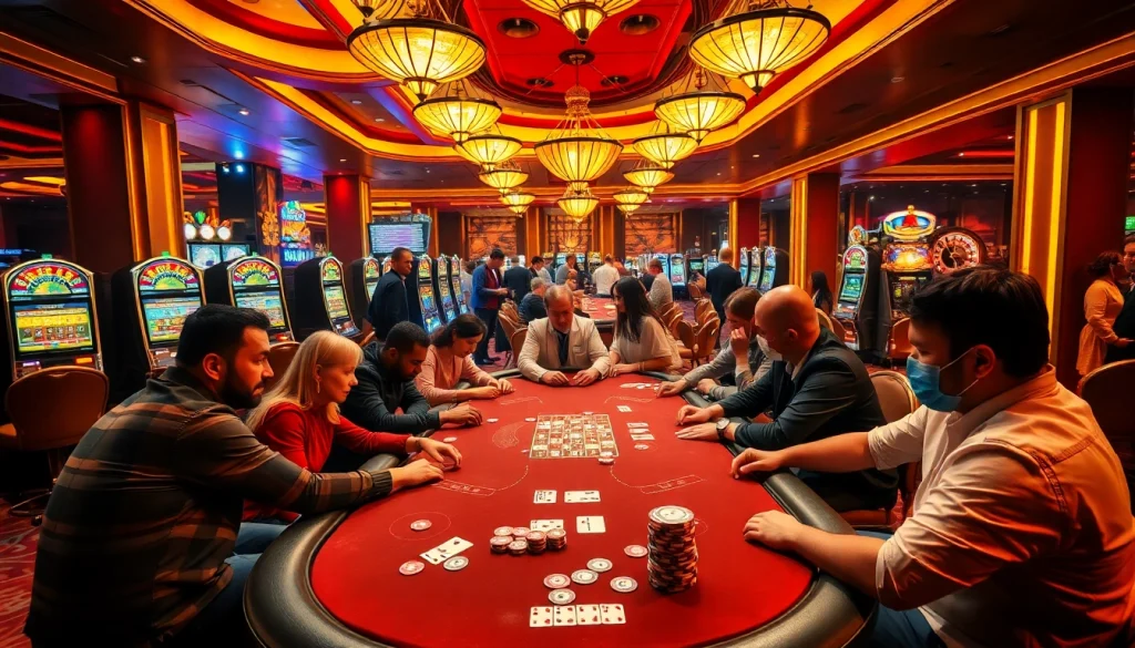 Intense poker game at a casino table with Lc88-themed chips and vibrant slot machines.