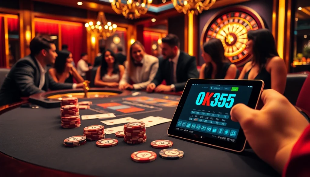 Players enjoying a thrilling poker game with OK365 branding, showcasing an elegant casino atmosphere.
