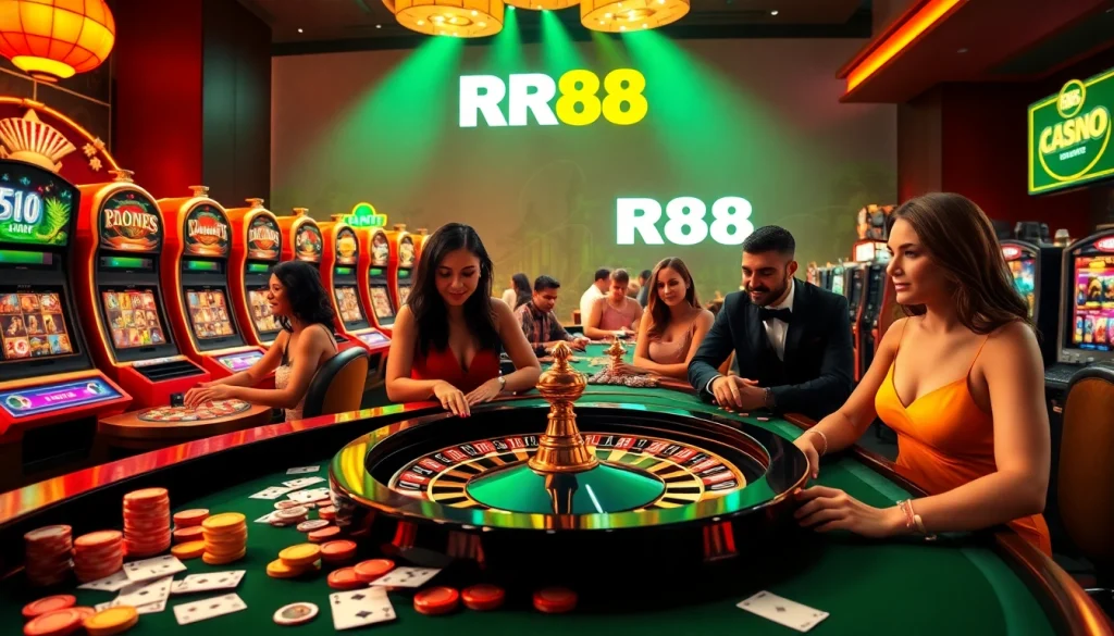 Experience the thrilling atmosphere of RR88 with exciting casino games and vibrant gaming elements.
