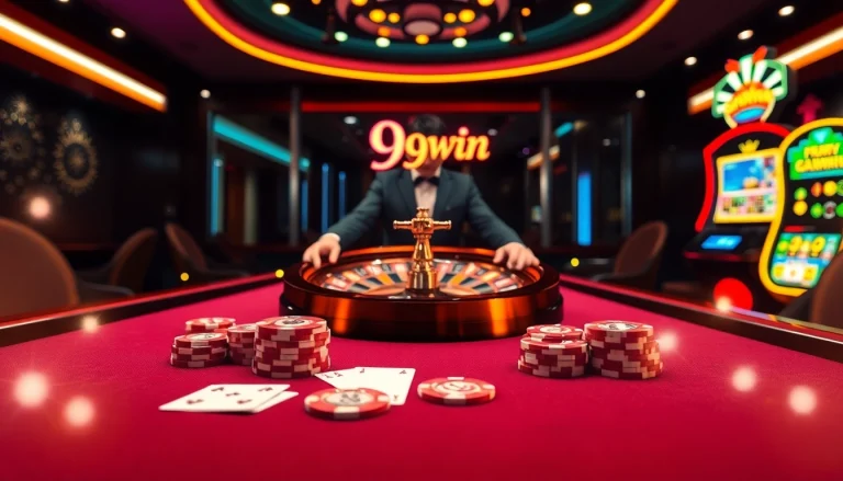 Experience thrilling gambling action at 99win with modern casino elements like poker chips and roulette.