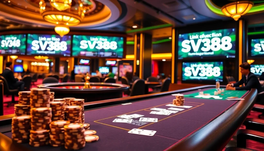 Capture the excitement with link vào SV388, featuring poker chips and a roulette wheel in a vibrant casino atmosphere.