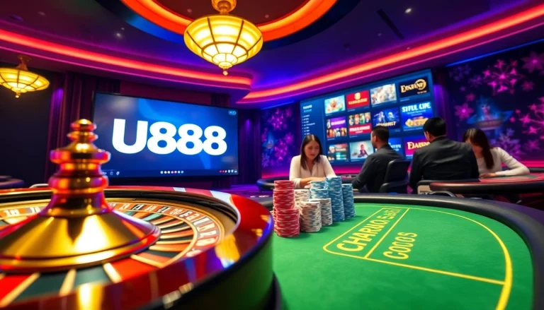 Engage in the excitement of U888 with vibrant casino visuals, featuring poker chips, a roulette wheel, and online gameplay.