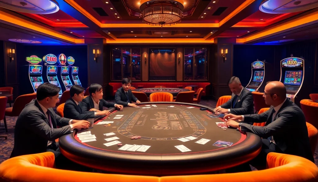 High-stakes action at U888 casino with players, poker chips, and vibrant slot machines.