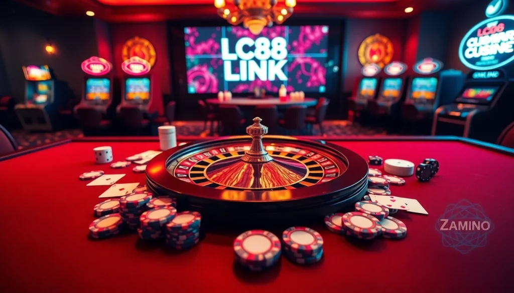 Experience the thrill of winning with LC88 LINK at an upscale casino filled with roulette and poker elements.