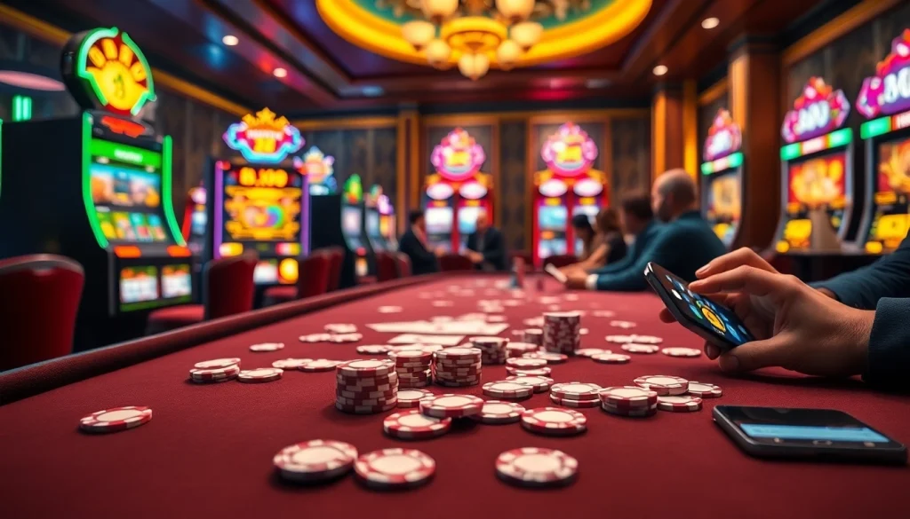 Engaged players at an upscale casino utilizing 소액결제 for seamless mobile transactions amidst the excitement.