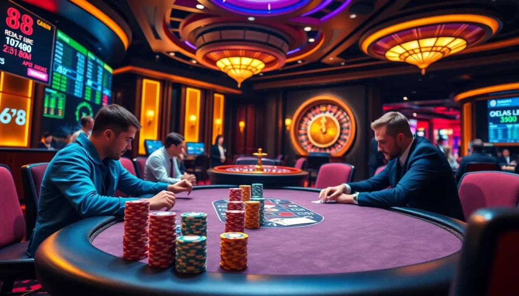 Exciting poker game with s8 chips and vibrant atmosphere in a luxurious casino environment.