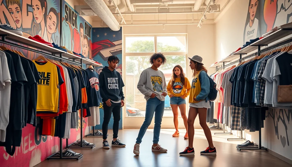 Streetwear apparel store displaying trendy outfits and urban art.