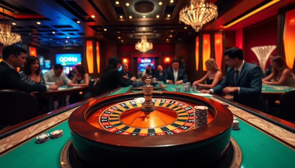 Experience thrilling games at QQ88 casino with vibrant roulette and elegant players.
