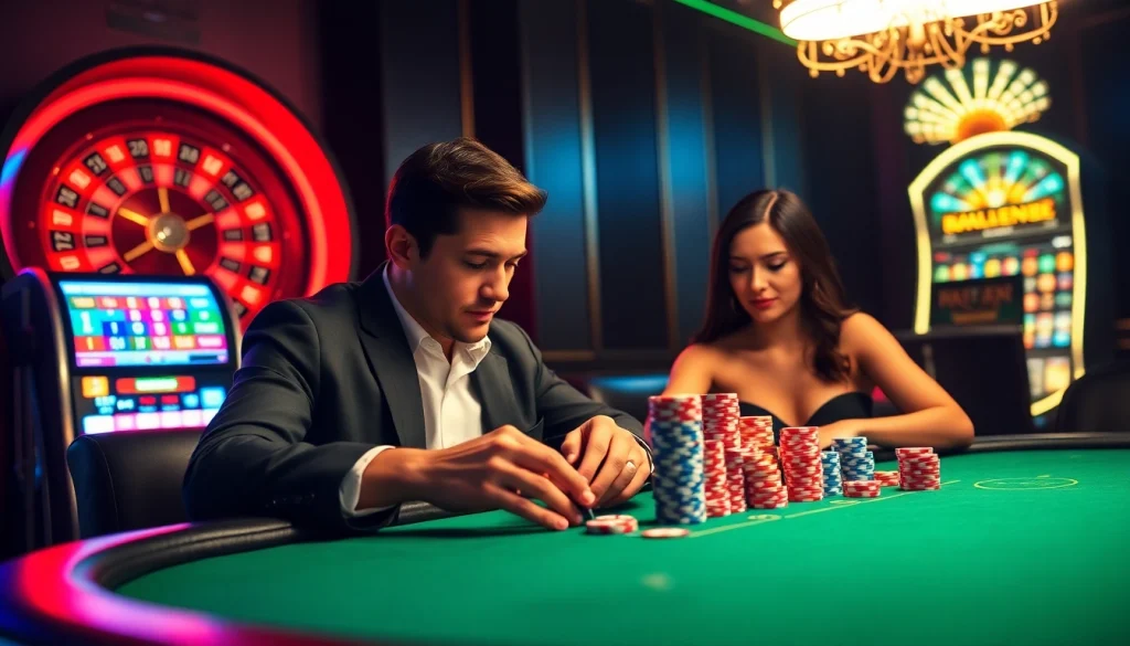 Intense poker game at 66slots8 com with vibrant chips and roulette in a luxurious casino ambiance.