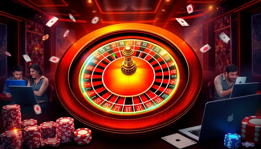 Experience the thrill of online gaming with link 888NEW at a luxurious casino setting featuring roulette and poker.