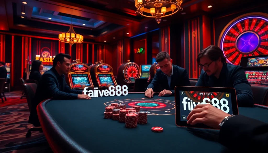Exciting gameplay at app five88 depicted with vibrant casino elements, showcasing poker chips and slot machines.