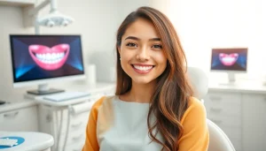 Smiling woman showcasing her Invisalign aligners in a dental office, representing Invisalign Malaysia.