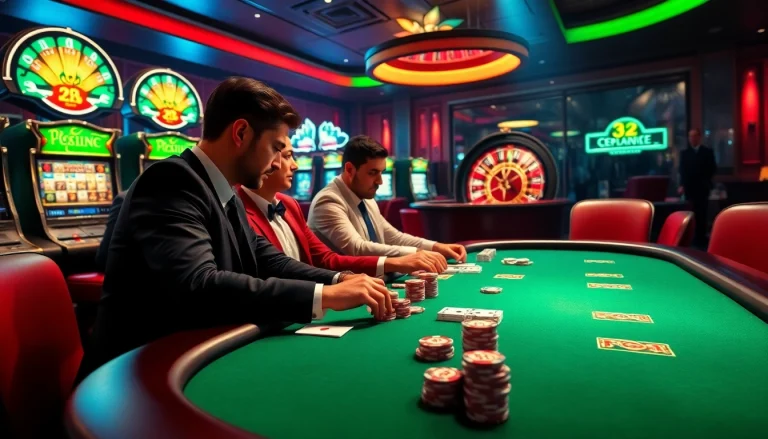 Winning at https://32win.football/ during a thrilling poker game in a luxurious casino setting.