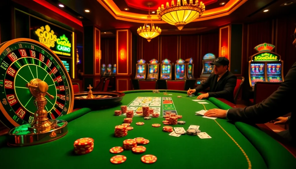 Experience the thrill of God345 casino with luxury gaming tables and poker chips in action.