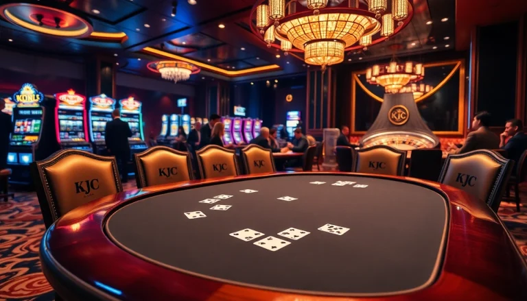 KJC poker table highlights a winning hand amidst a bustling casino ambiance.