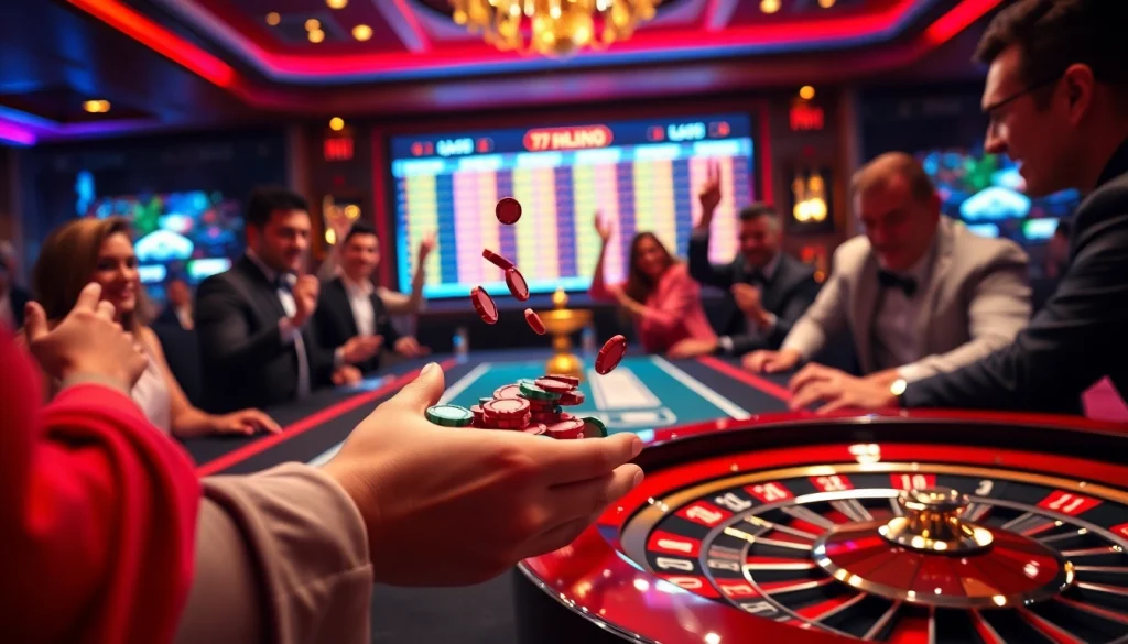 Exciting players at a gaming table celebrating wins at https://78winbiz.com/ with colorful poker chips and a roulette wheel.