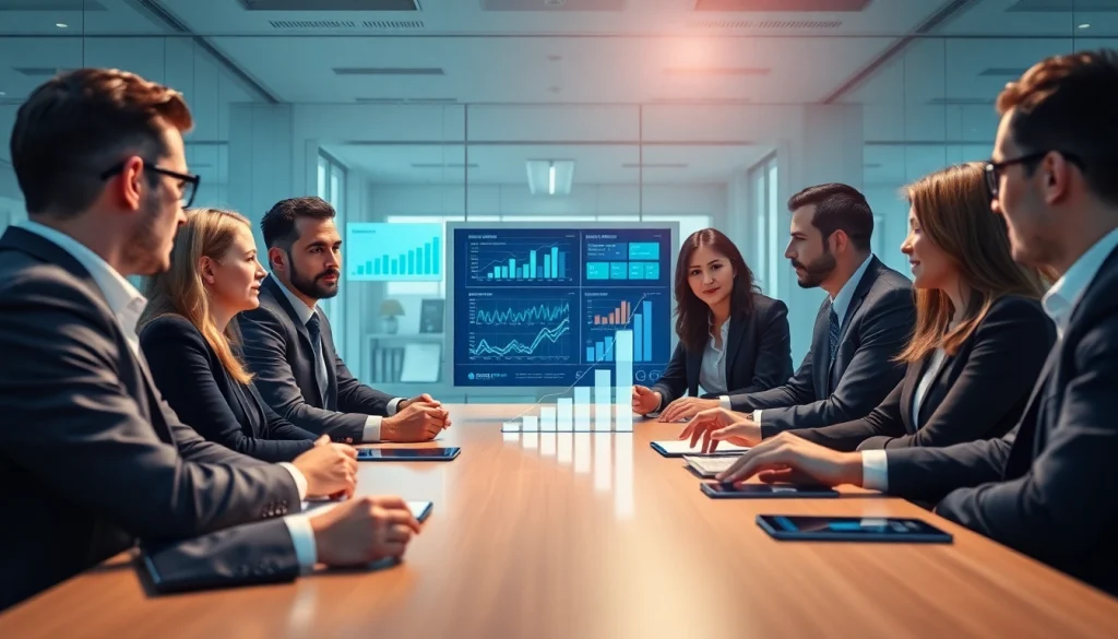 Business professionals discuss Logo ERP fiyat in a modern office, emphasizing digital transformation.