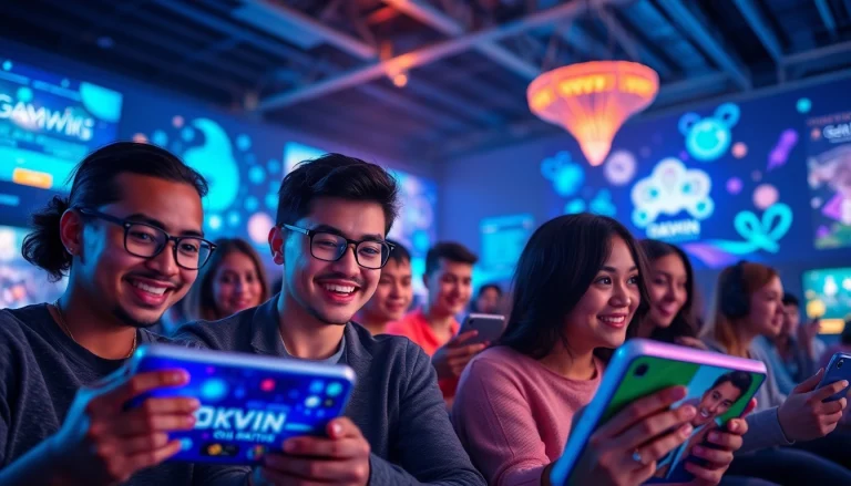 Okwin players enjoying an interactive online gaming experience with diverse devices in a vibrant setting.
