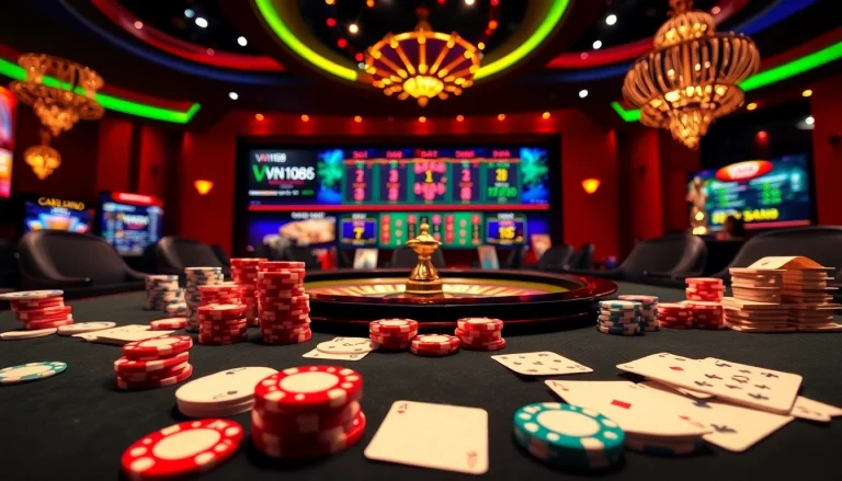 Experience high-stakes betting at VN168 with vibrant poker chips and engaging casino visuals.