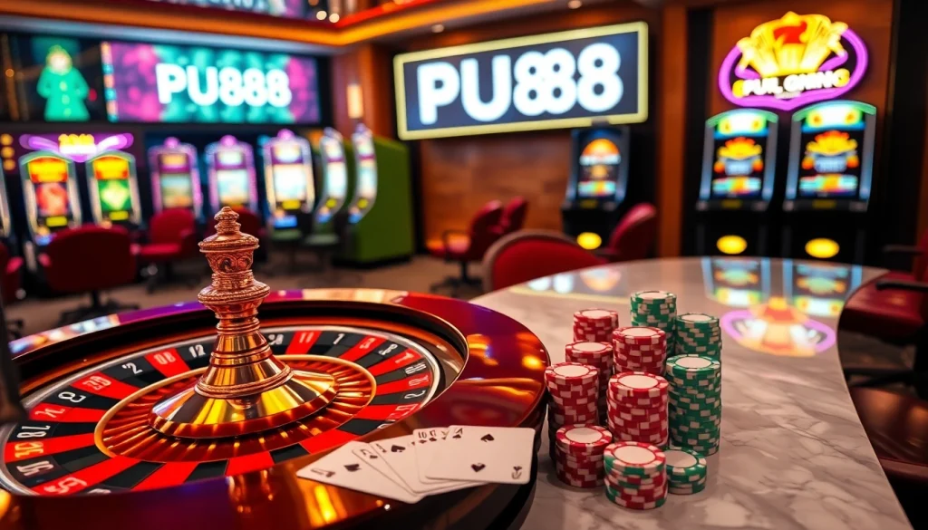 Experience the excitement of link PU88 in a luxurious casino setting with glowing roulette and vibrant poker chips.
