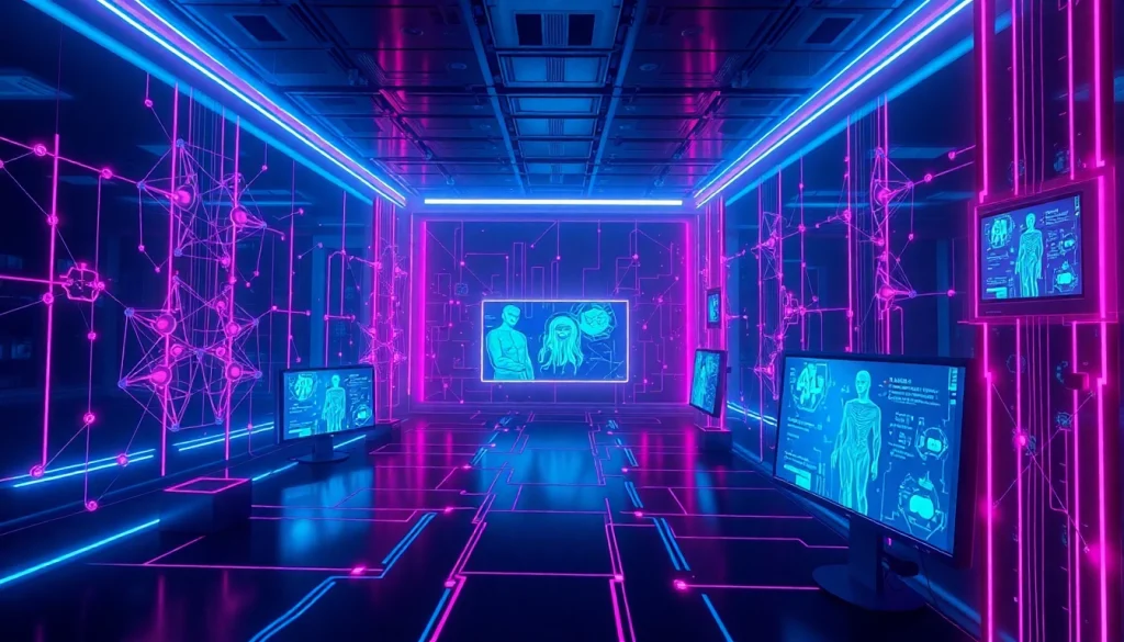 AI-generated digital landscape illustrating the concept of porn ai with neon colors and abstract human representations.