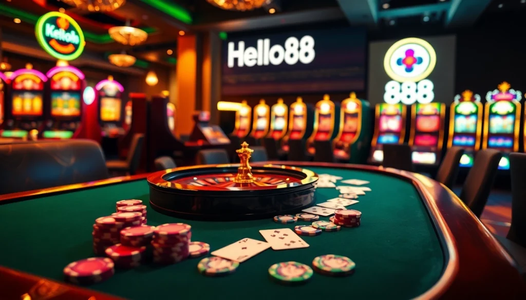 Engaging casino scene featuring Hello88 with poker chips, cards, and a roulette wheel.